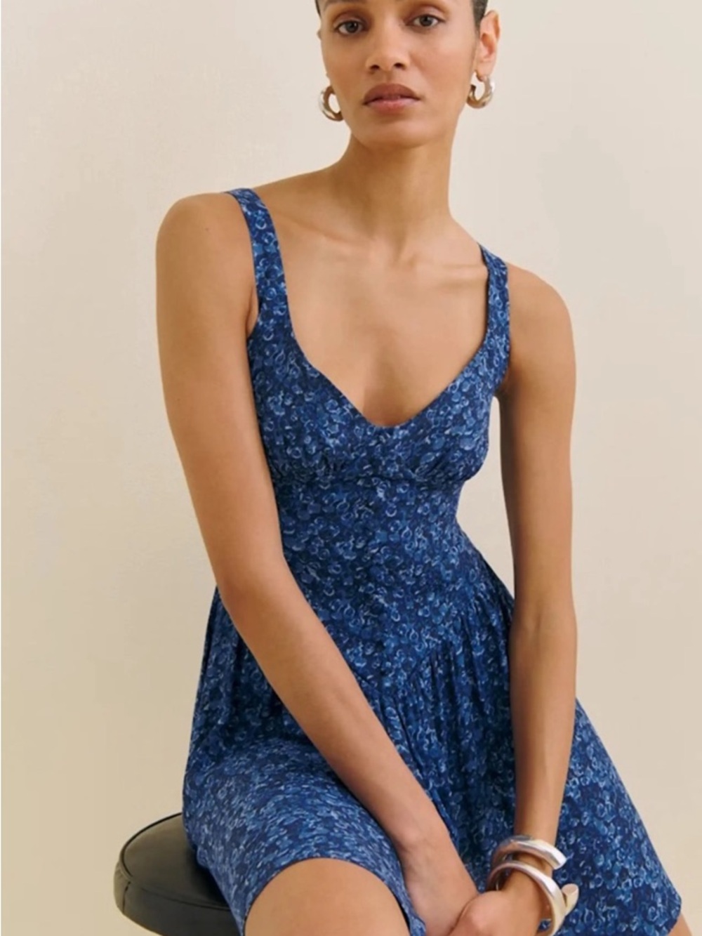 Reformation Navy Blue Floral Sweetheart Mini Dress - Picture 2 of 5